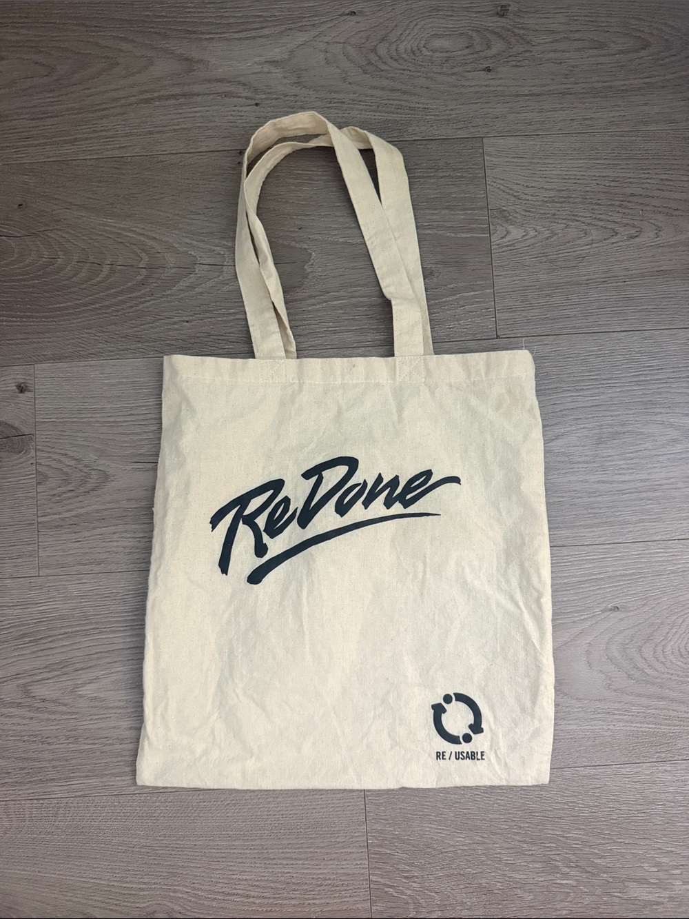 Re/Done Cream Canvas Tote with Black Script Logo